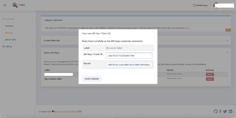 Sellytics Suite DATA API Key Screenshot